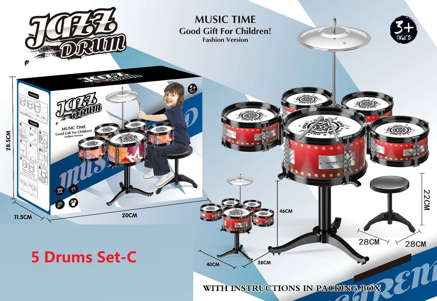 Drum Set for Kids 3 Drums / 5 Drums with Small Stool