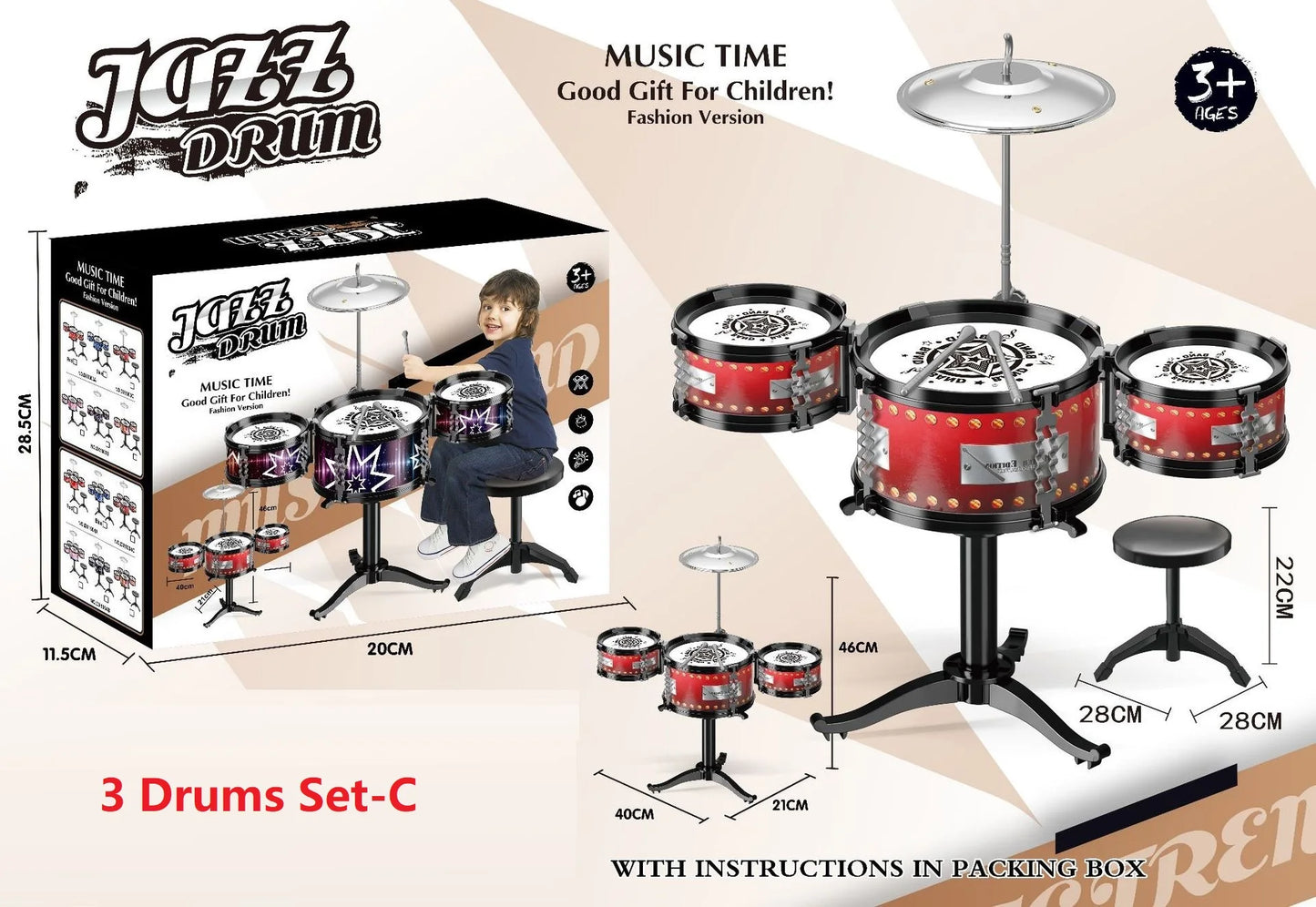 Drum Set for Kids 3 Drums / 5 Drums with Small Stool