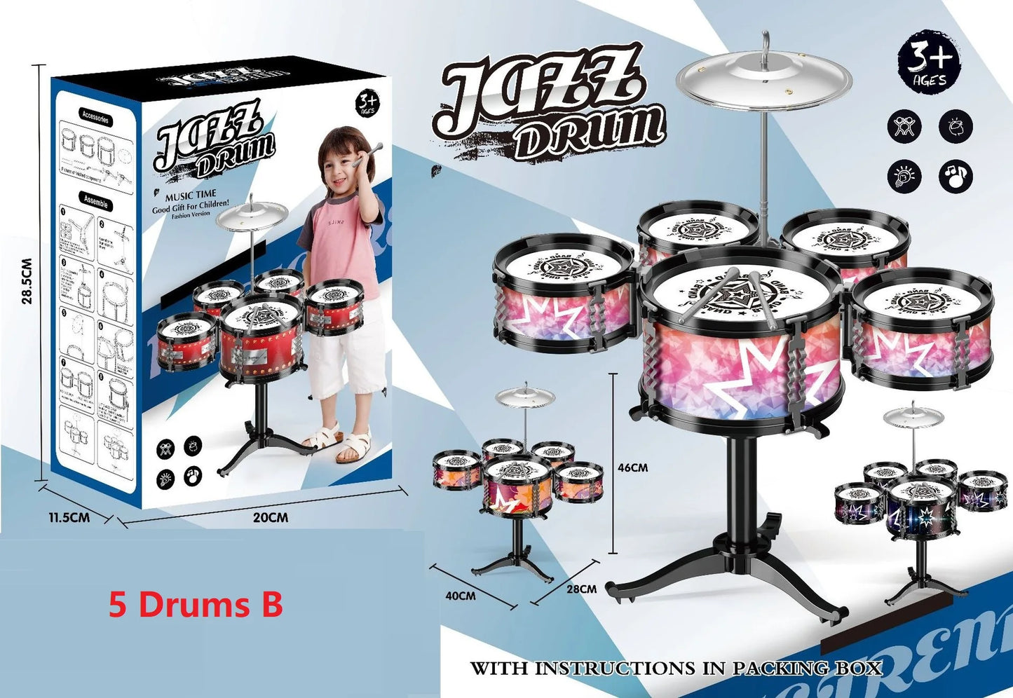 Drum Set for Kids 3 Drums / 5 Drums with Small Stool