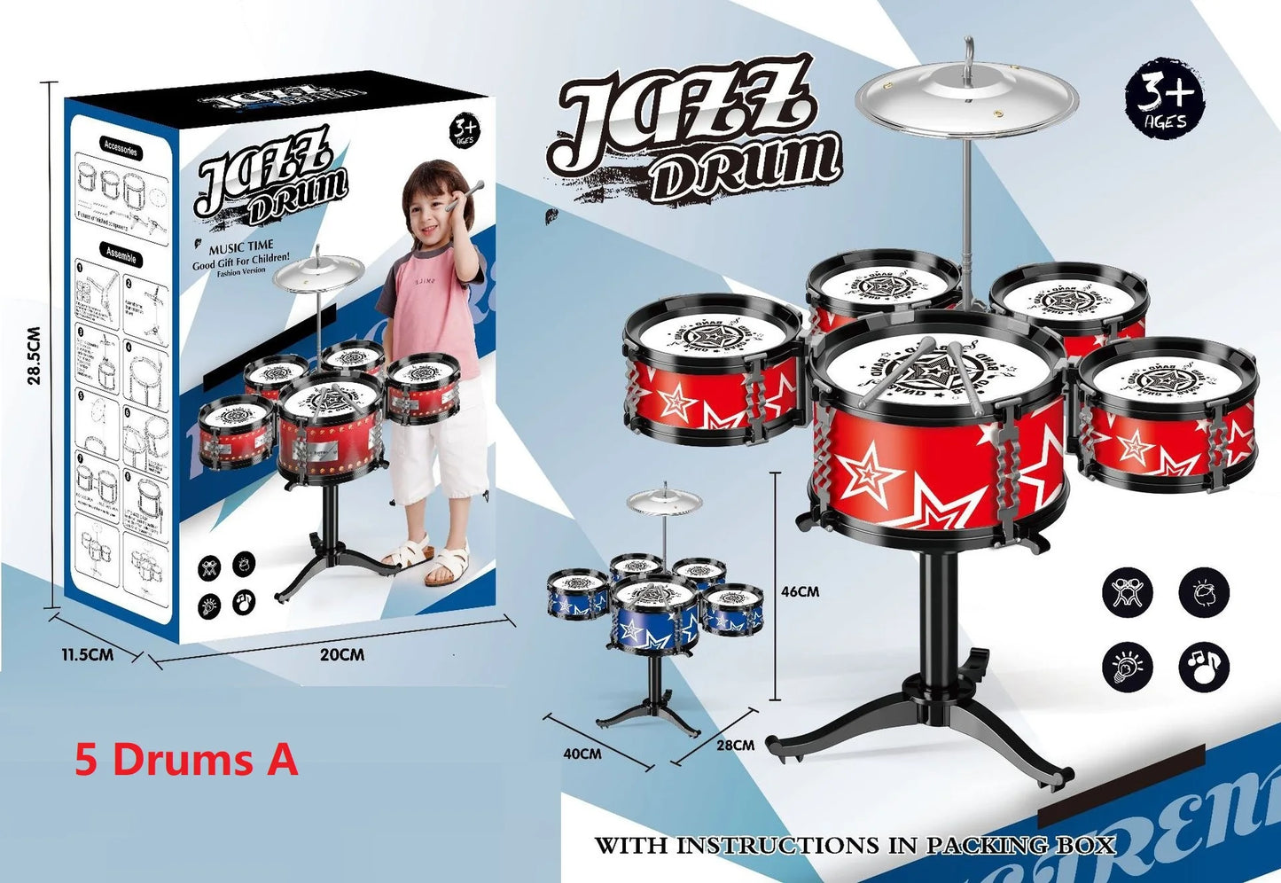 Drum Set for Kids 3 Drums / 5 Drums with Small Stool