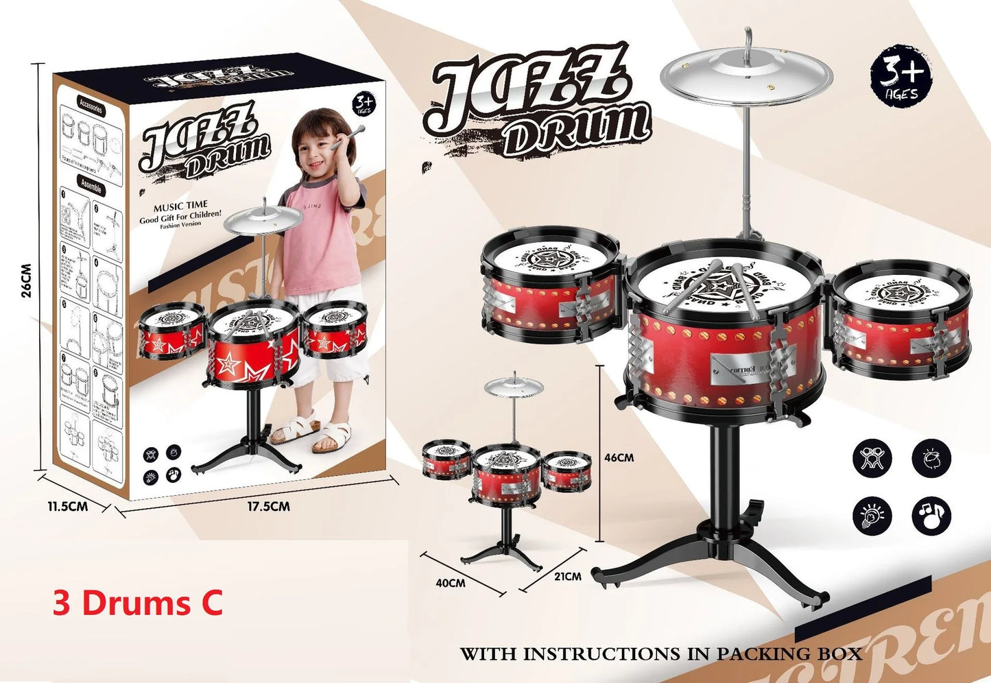 Drum Set for Kids 3 Drums / 5 Drums with Small Stool