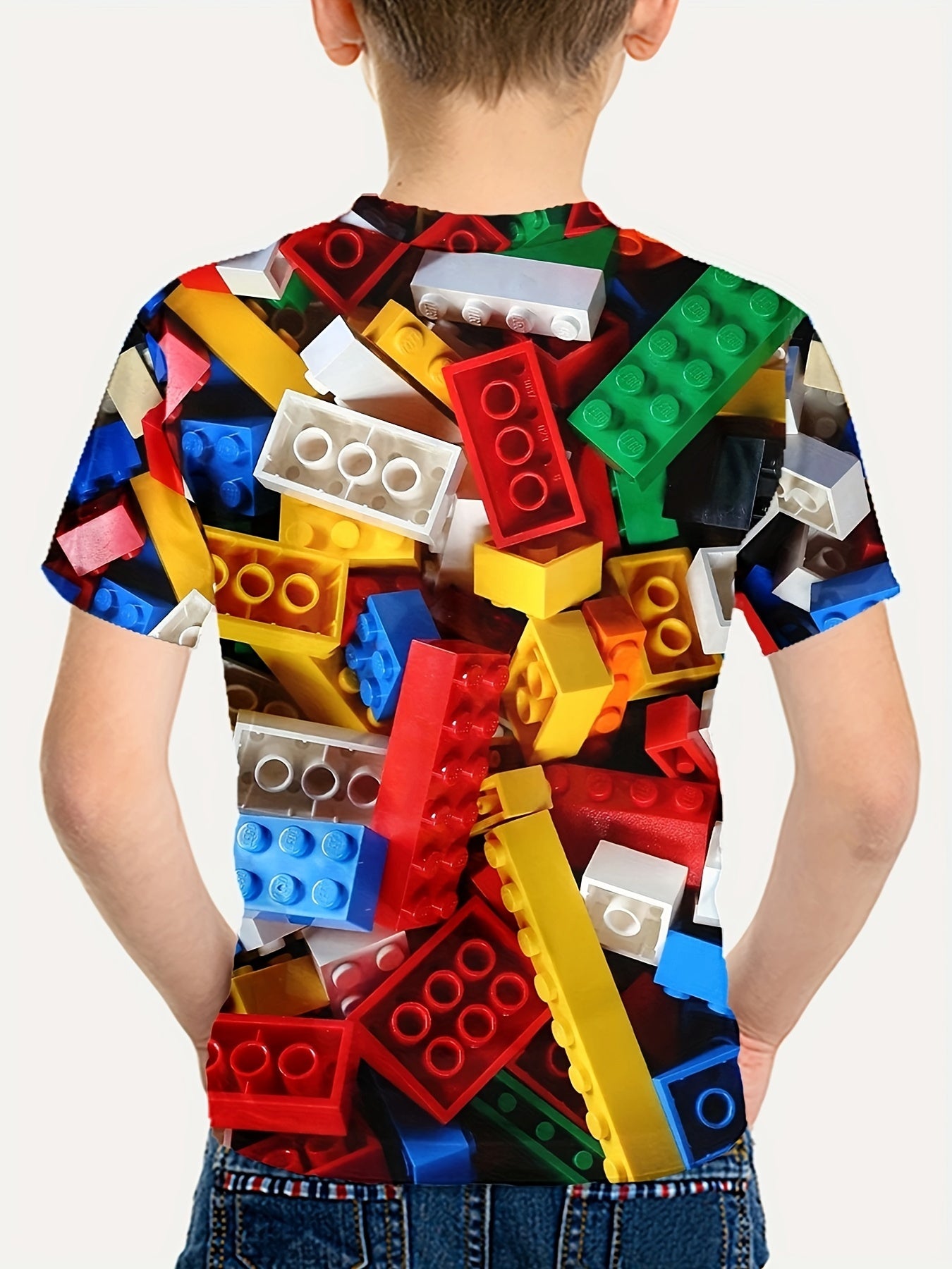 Boy's Short Sleeve Toy Bricks Pattern Full Print Tee,