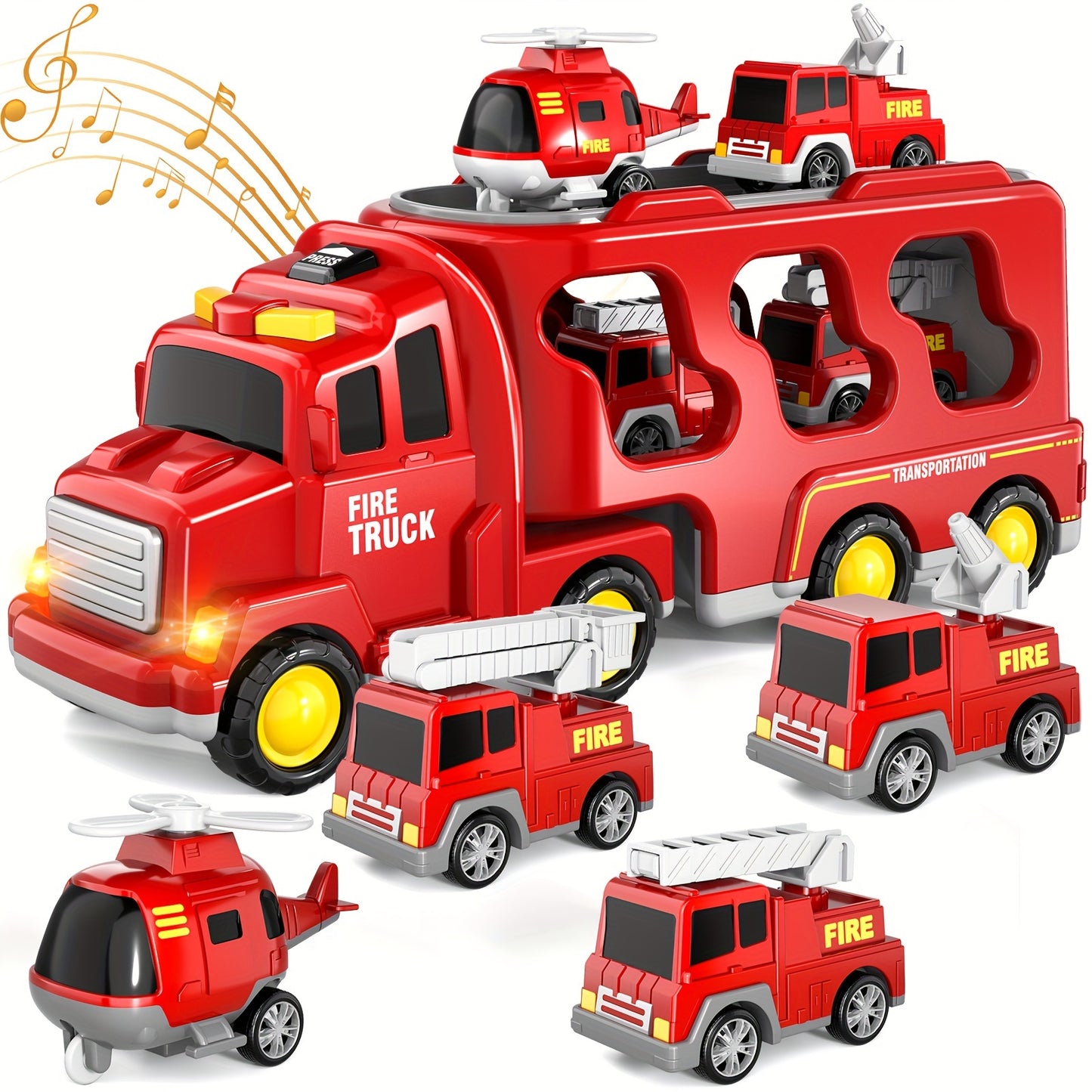 Fire Truck Toys Boys, 5 In 1 Kids Carrier Fire Trucks Cars