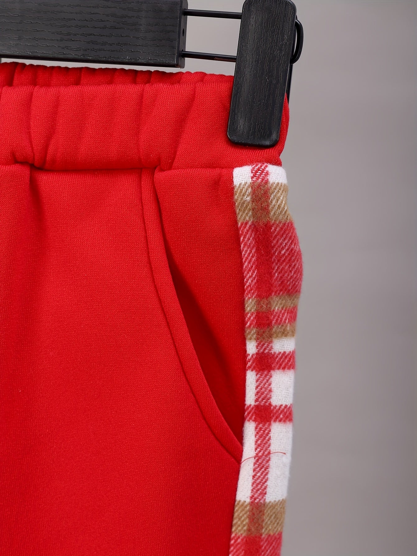 Boys' Red Plaid Patchwork Hooded Jacket, Shirt, Trousers