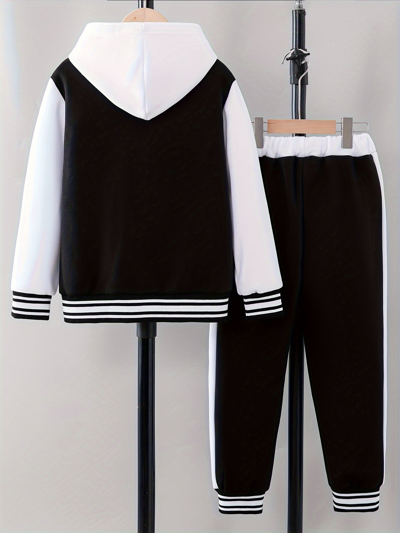 'NY' Letter Print Girl's Preppy Outfit, Color Block Hooded Varsity Jacket + Sweatpants Set