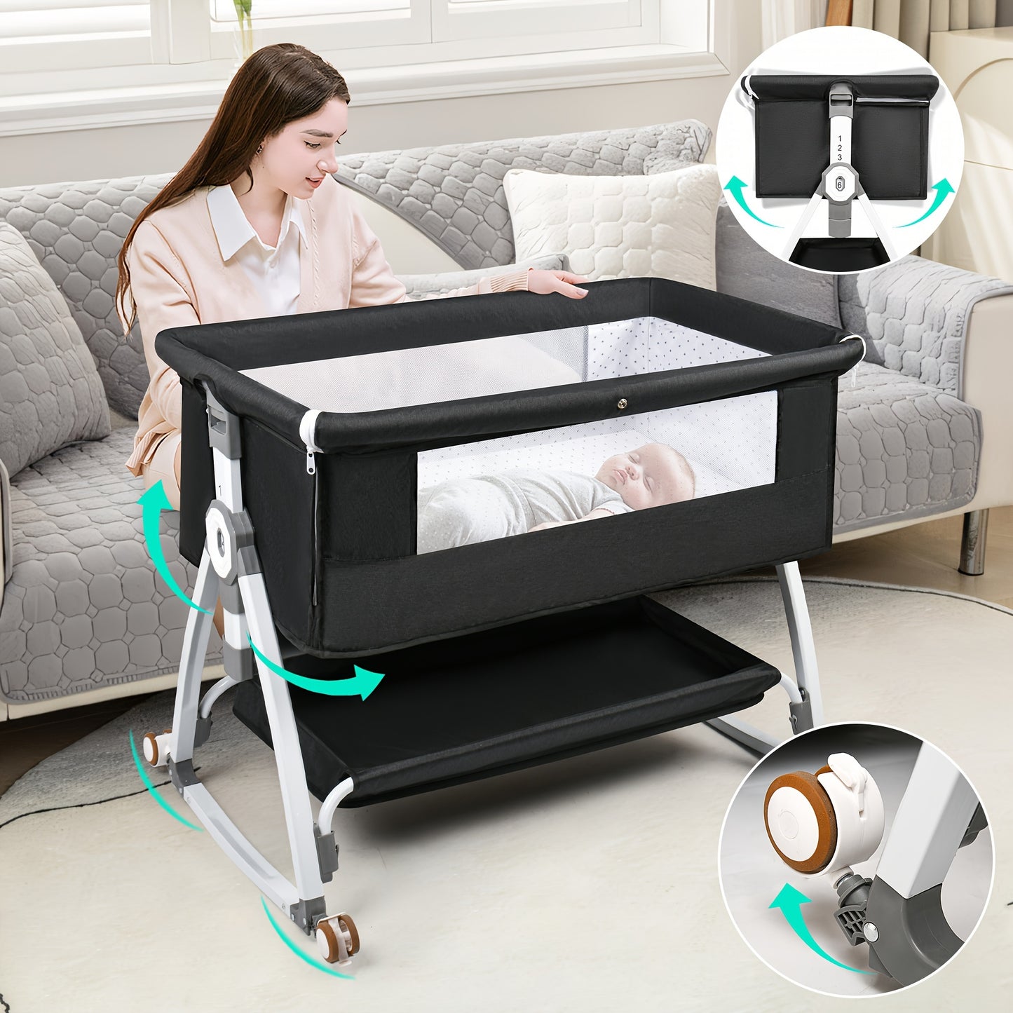 3 in 1 Bassinets Bedside Sleeper Bedside Bassinet with Wheels and Storage Basket,