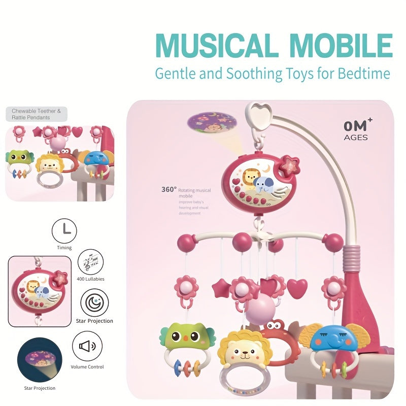 Remote Control,Musical Crib Mobile With Night Lights, Rotating Animals Rattles, Stars Projection