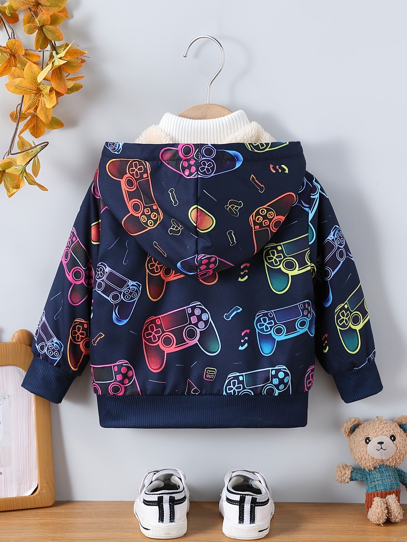 Baby's Dinosaur Pattern Warm Fuzzy Jacket, Zip Up