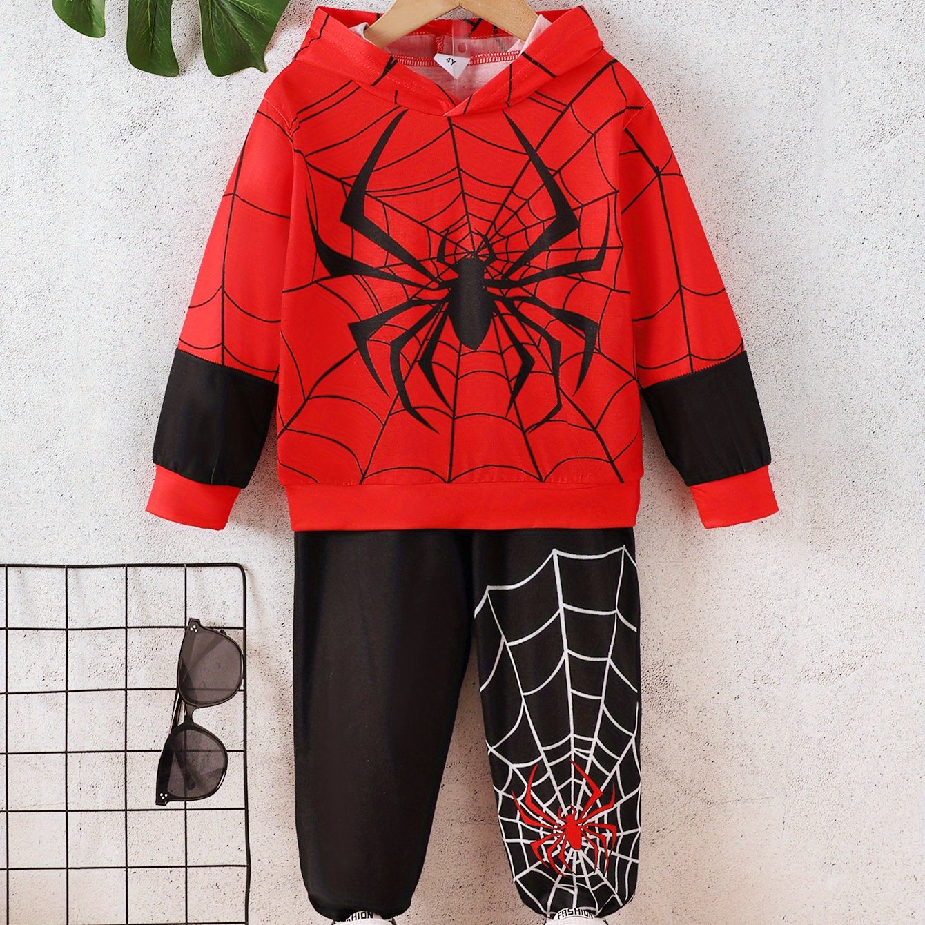 2Pcs Spider Print Long Sleeve Hooded Sweatshirt and Jogger Pants