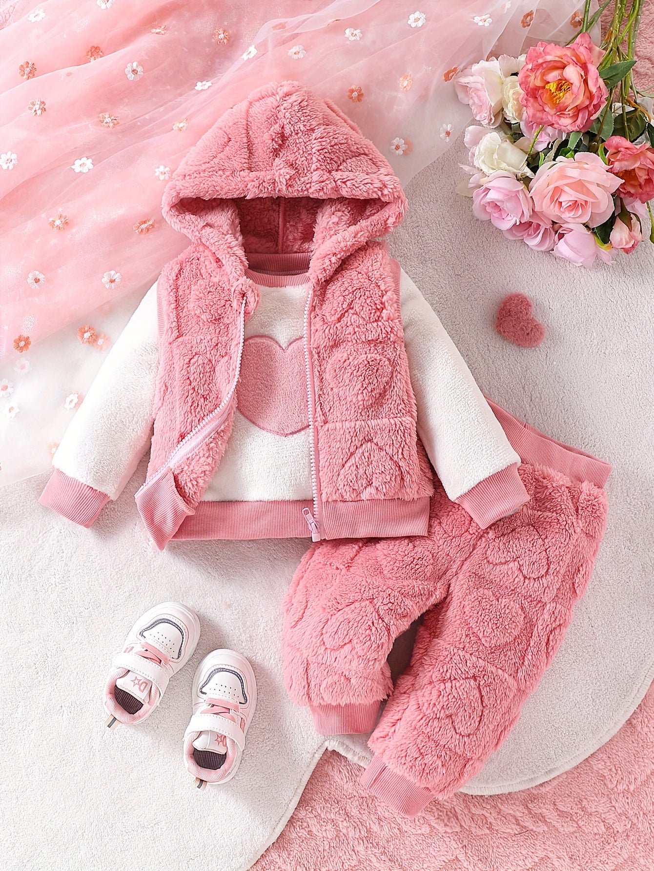 3pcs set of girls love plush hooded vest, love plush hooded top and cuffed trousers