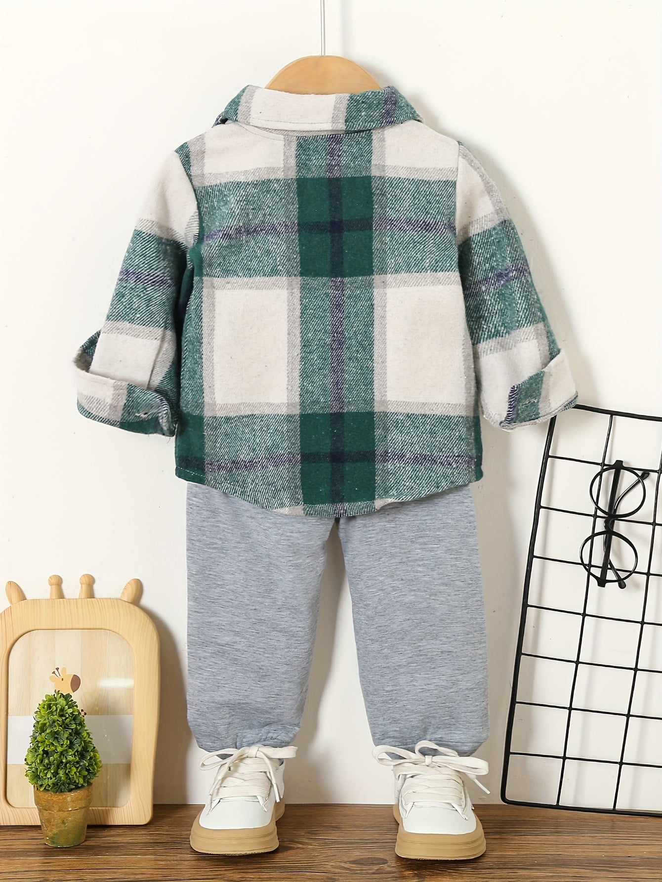 3pcs Outfit Set: Plaid Button-Up Shirt, Long Sleeve Tee & Solid Color Joggers