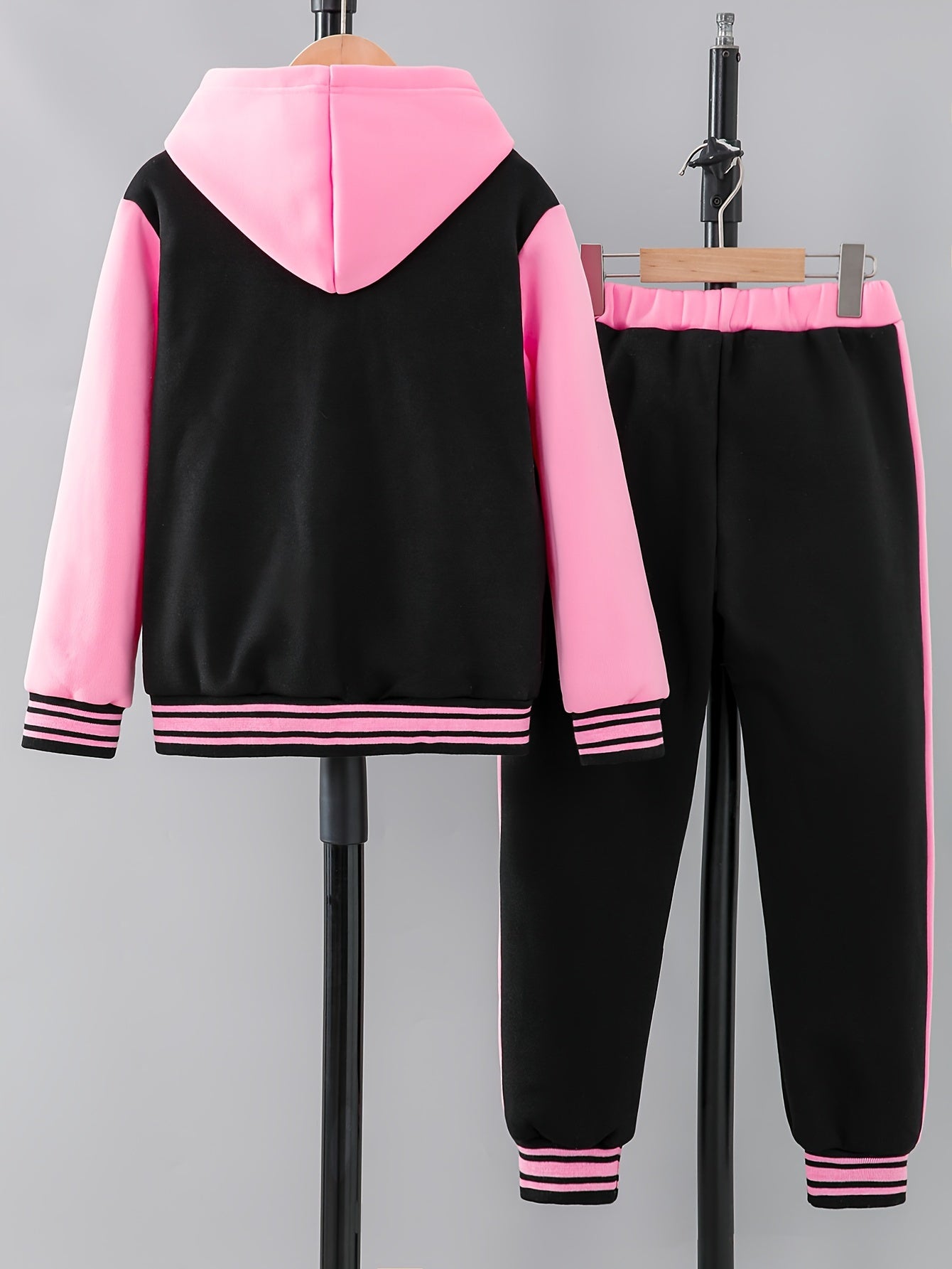 'NY' Letter Print Girl's Preppy Outfit, Color Block Hooded Varsity Jacket + Sweatpants Set