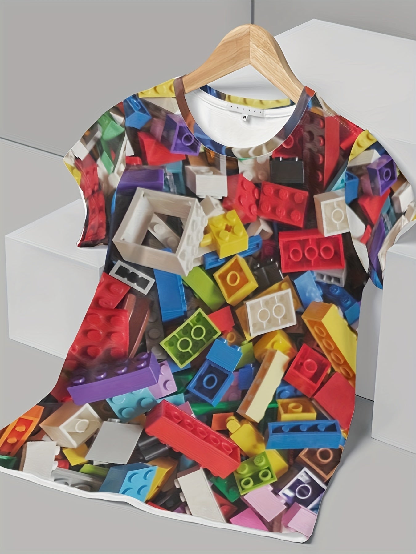Boy's Short Sleeve Toy Bricks Pattern Full Print Tee,