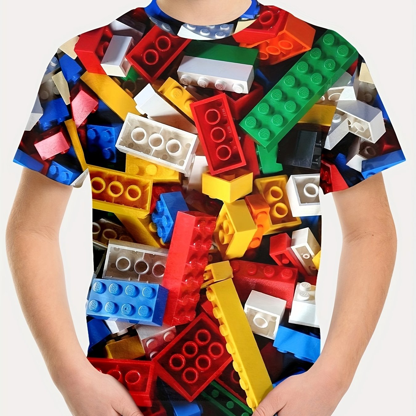Boy's Short Sleeve Toy Bricks Pattern Full Print Tee,