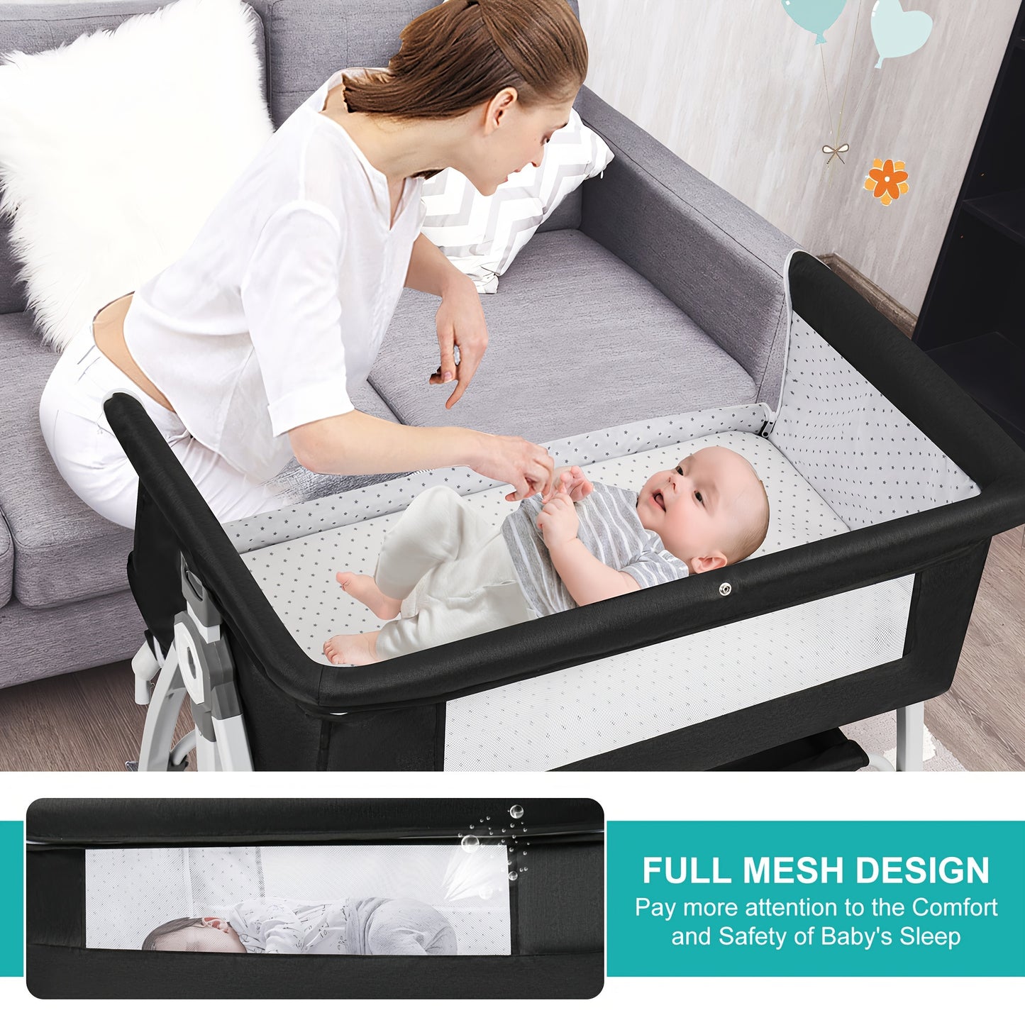 3 in 1 Bassinets Bedside Sleeper Bedside Bassinet with Wheels and Storage Basket,