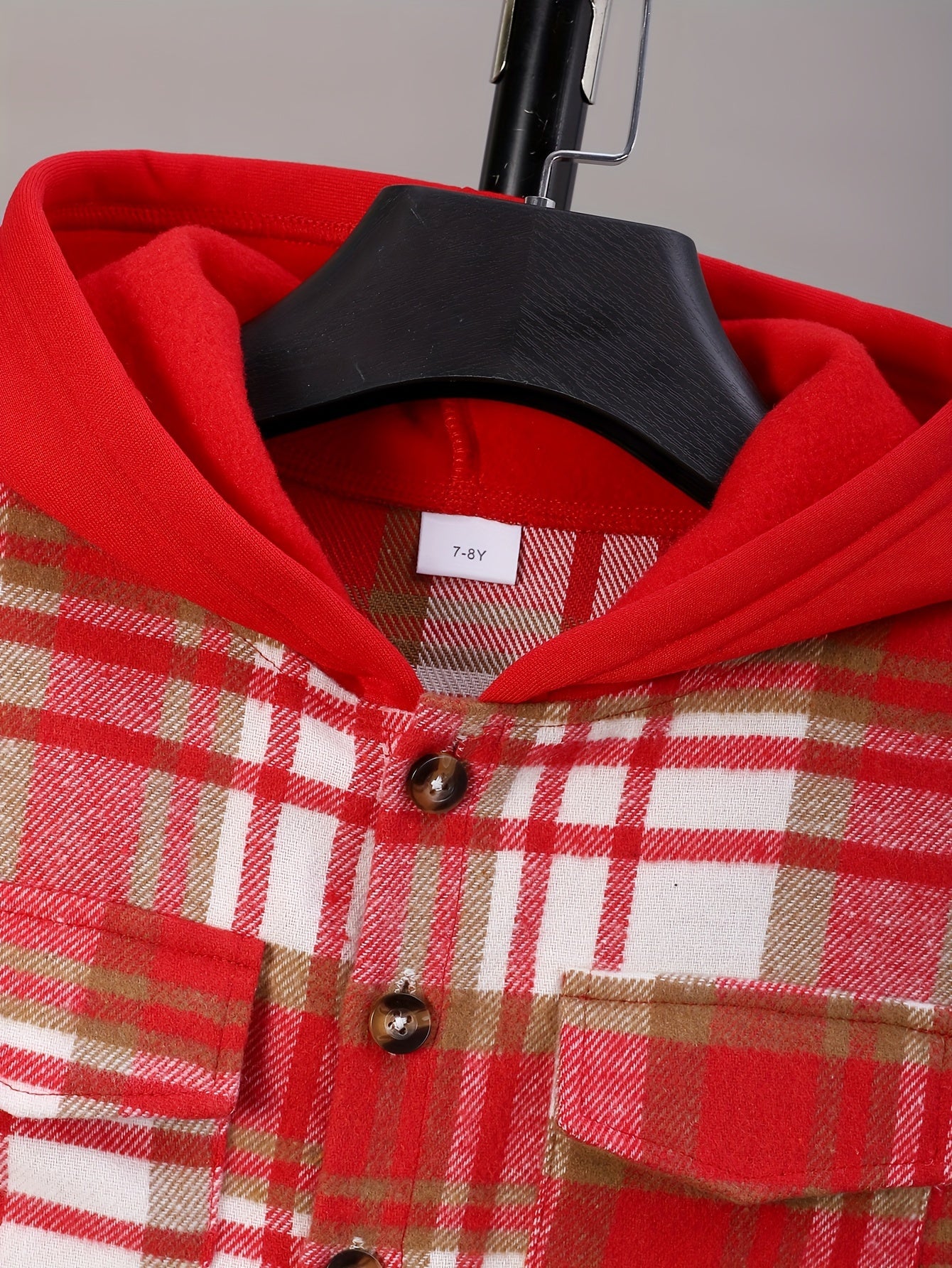 Boys' Red Plaid Patchwork Hooded Jacket, Shirt, Trousers