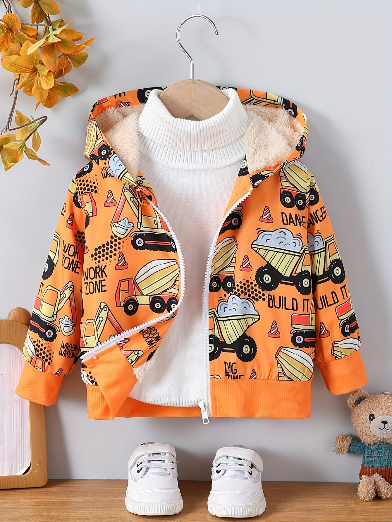Baby's Dinosaur Pattern Warm Fuzzy Jacket, Zip Up