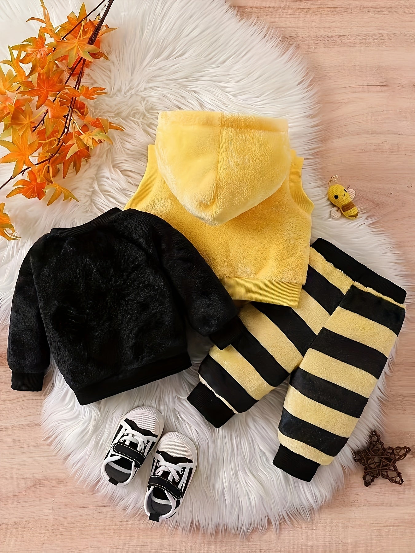 3pcs Baby's Warm Fuzzy Sweatshirt & Hooded Vest & Casual Striped Pants