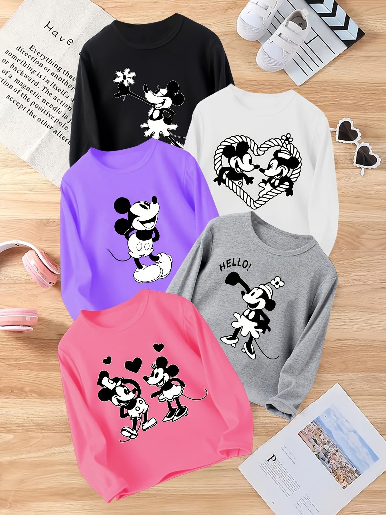 5pcs Girls' Print Long Sleeve Tops -