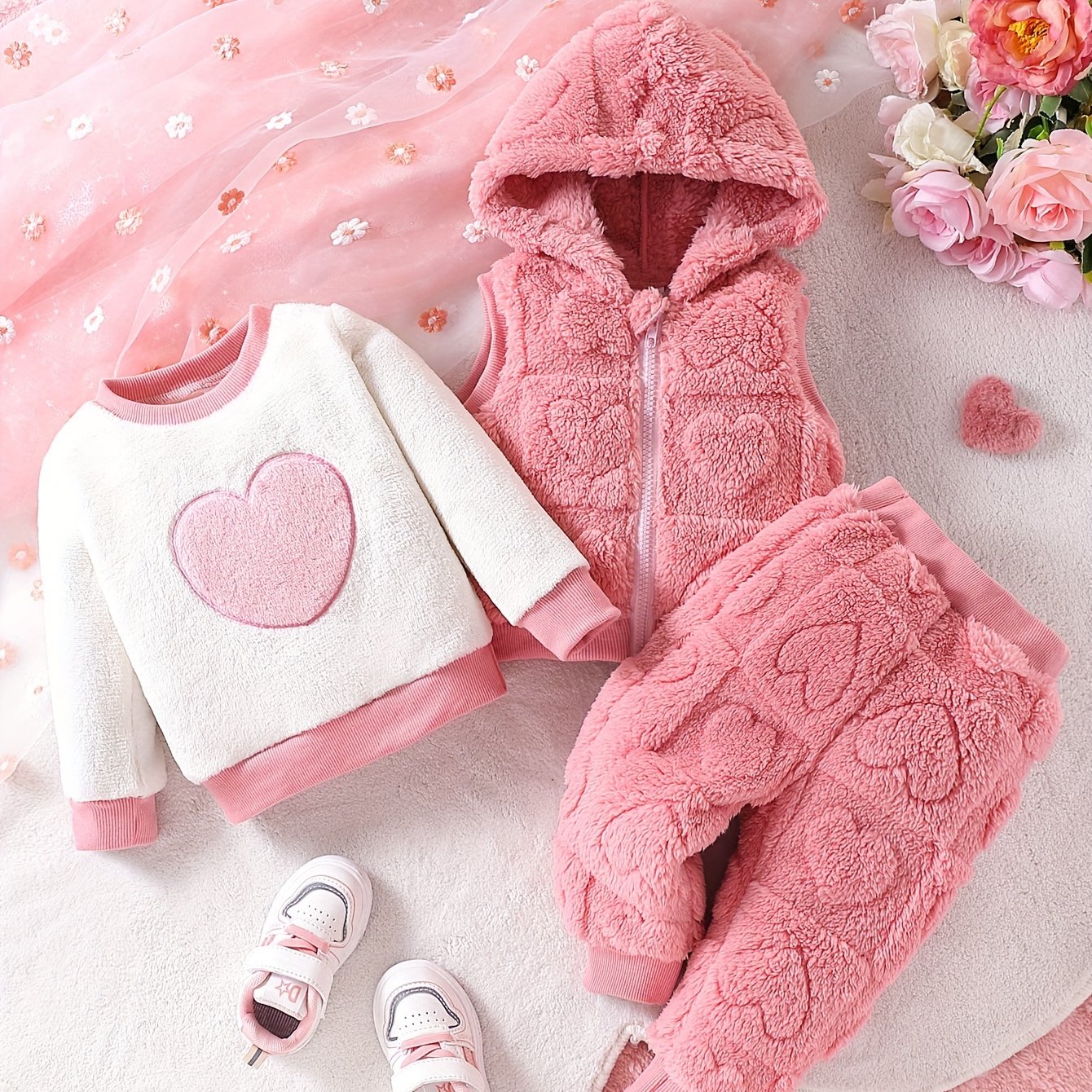 3pcs set of girls love plush hooded vest, love plush hooded top and cuffed trousers