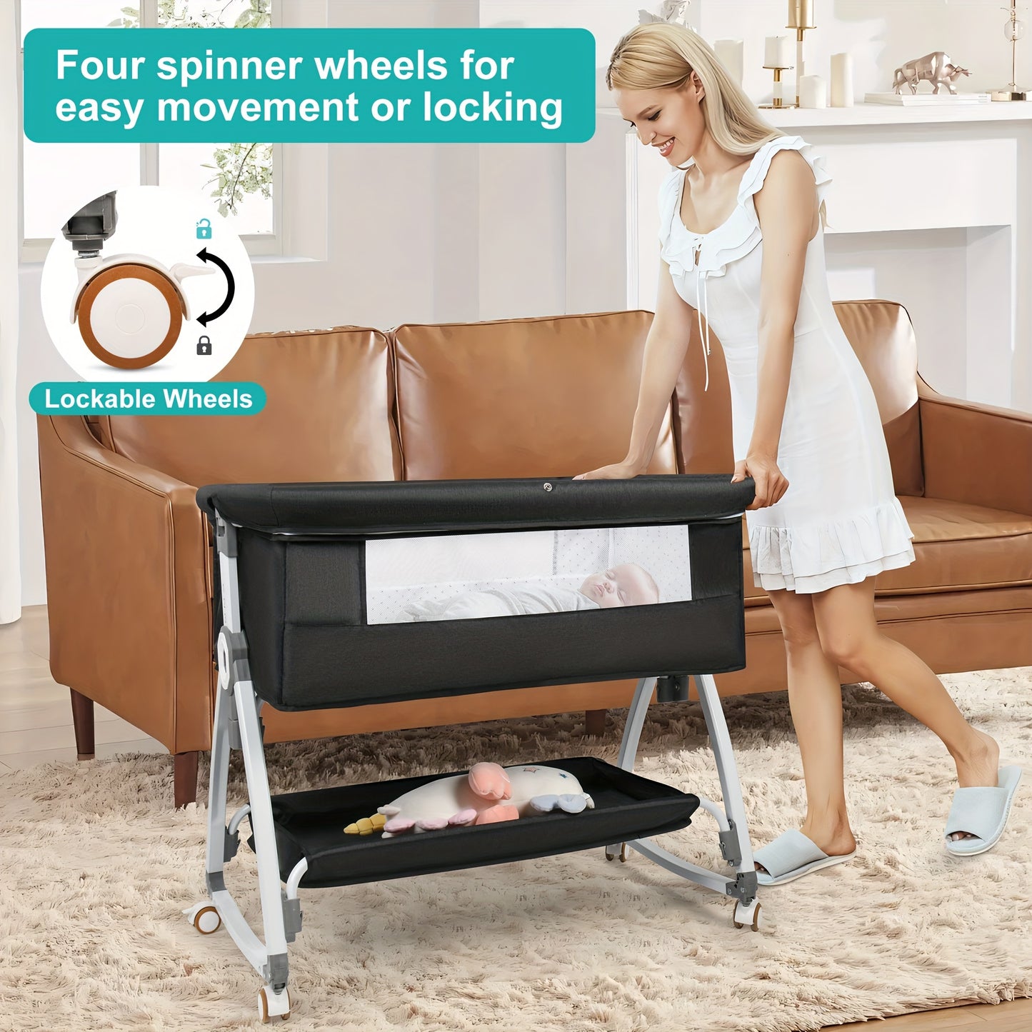 3 in 1 Bassinets Bedside Sleeper Bedside Bassinet with Wheels and Storage Basket,