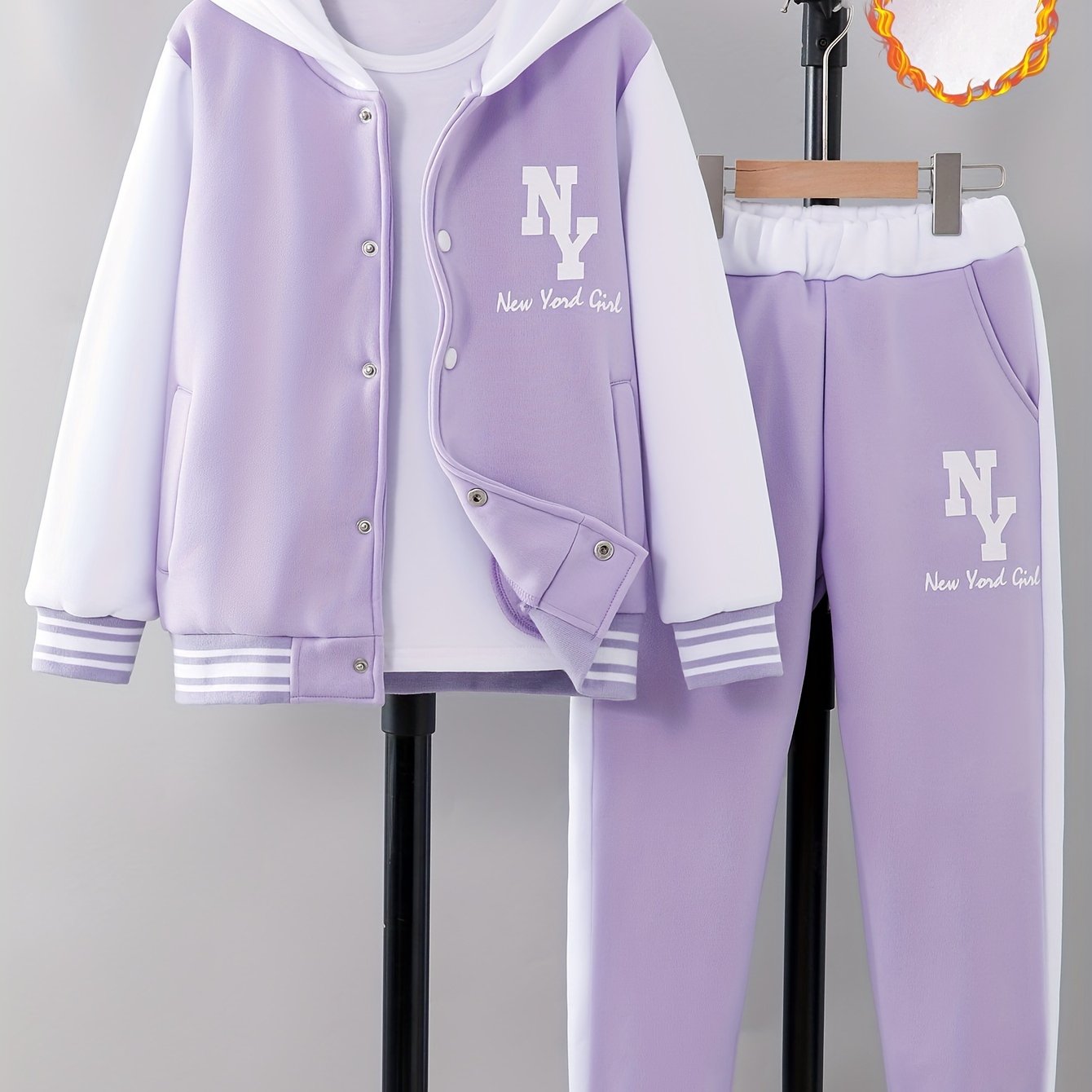 'NY' Letter Print Girl's Preppy Outfit, Color Block Hooded Varsity Jacket + Sweatpants Set