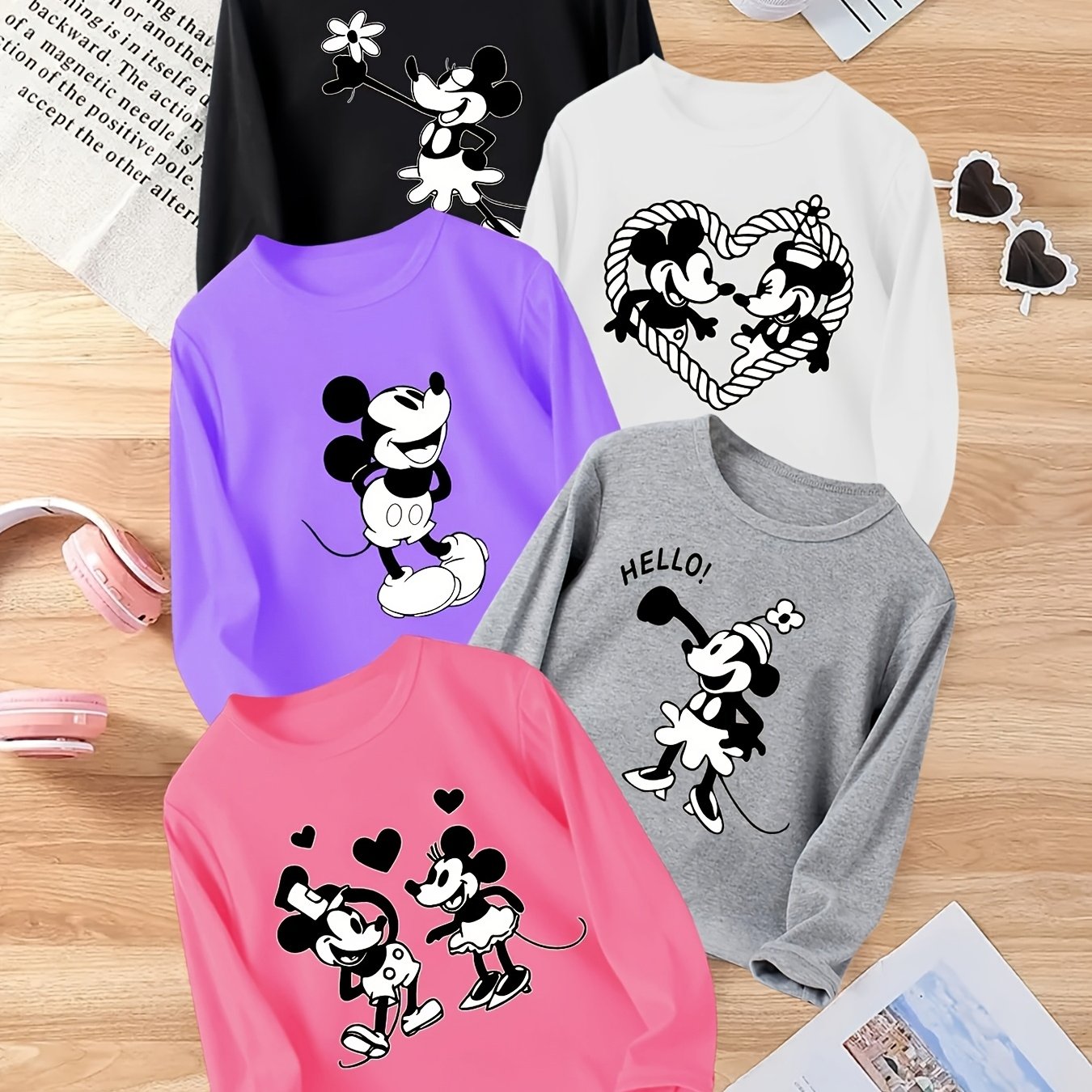 5pcs Girls' Print Long Sleeve Tops -