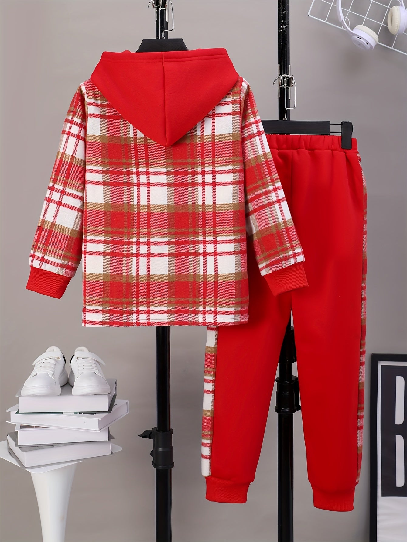 Boys' Red Plaid Patchwork Hooded Jacket, Shirt, Trousers