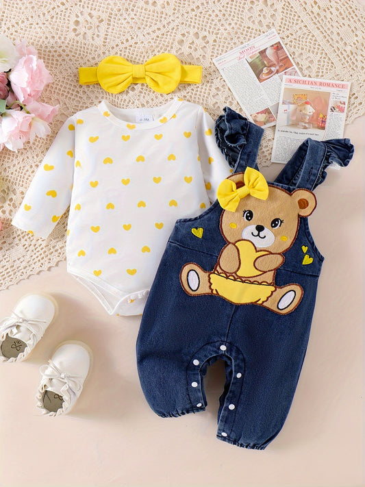 Bear Patchwork Denim Jumpsuit Outdoor Set