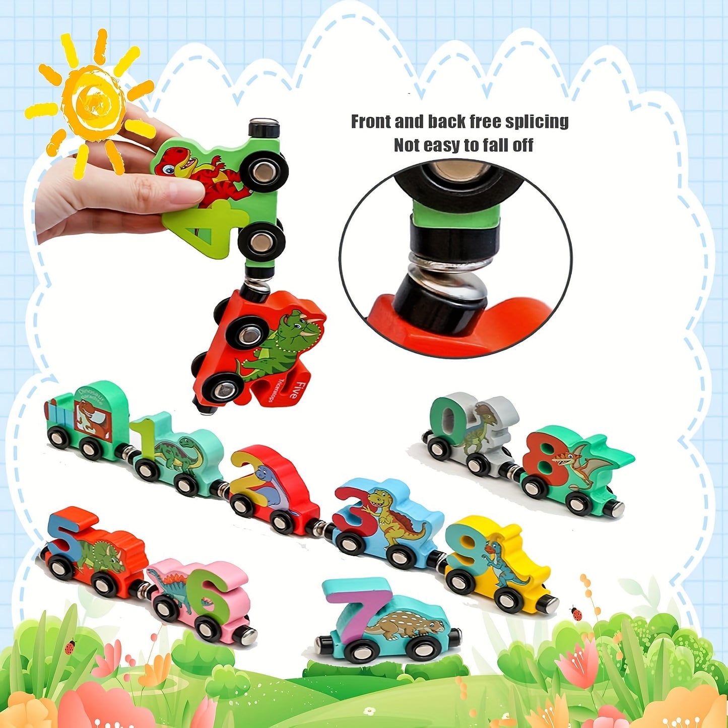 Magnetic Wooden Dinosaur Train Toys With Numbers ,14Pcs