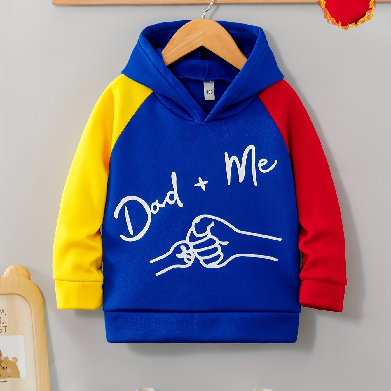 Dad+Me" Boys' Hoodie - Color Block, Long Sleeve Pullover for Ages 3-10 | Casual & Sporty Fall/Winter Top, Letter Pattern, Round Neck, Single Piece