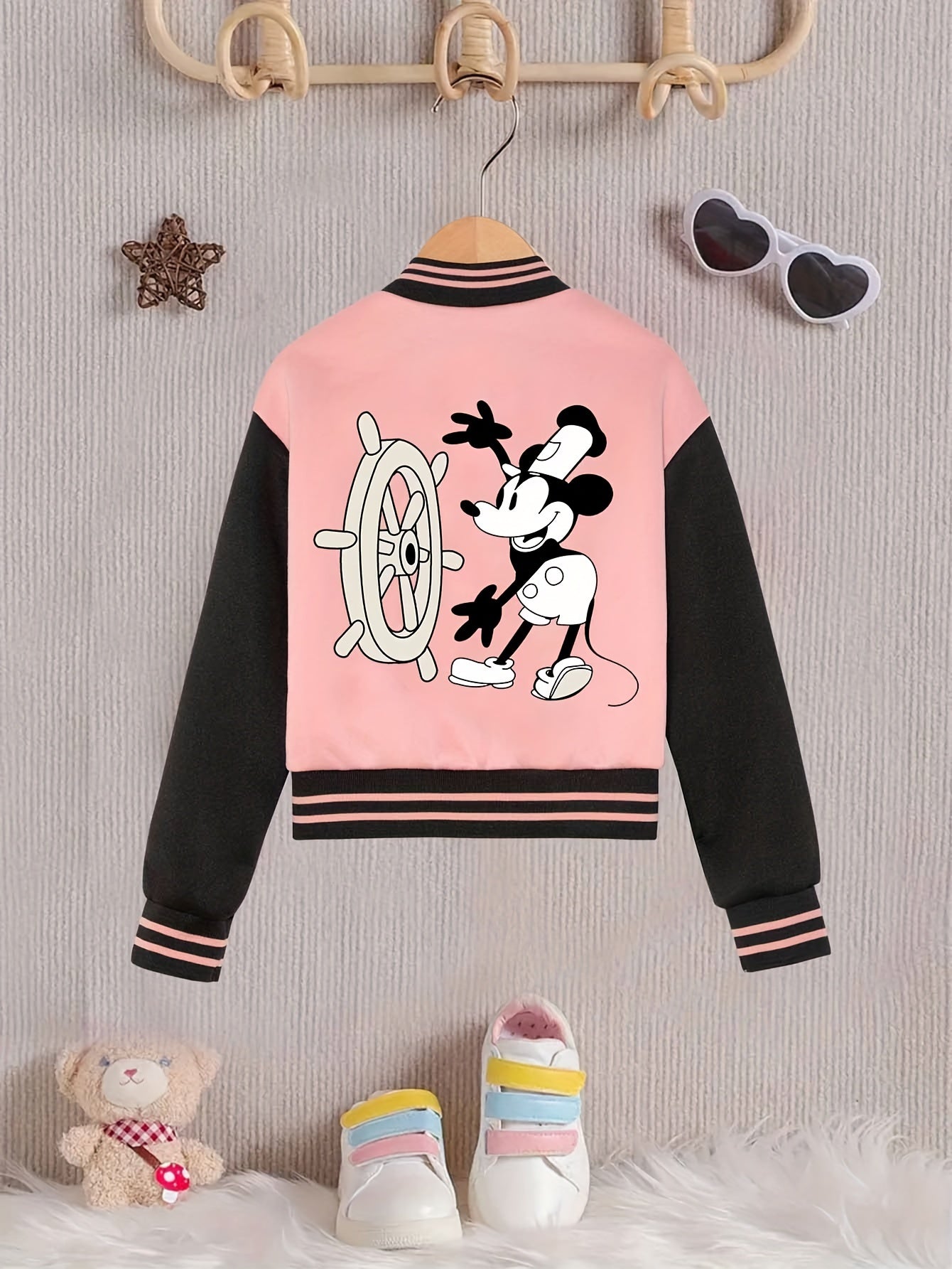 Chic Girls' Mickey Print Color Block Varsity Jacket - Casual Baseball Collar, Machine Washable - Perfect for Fall/Winter