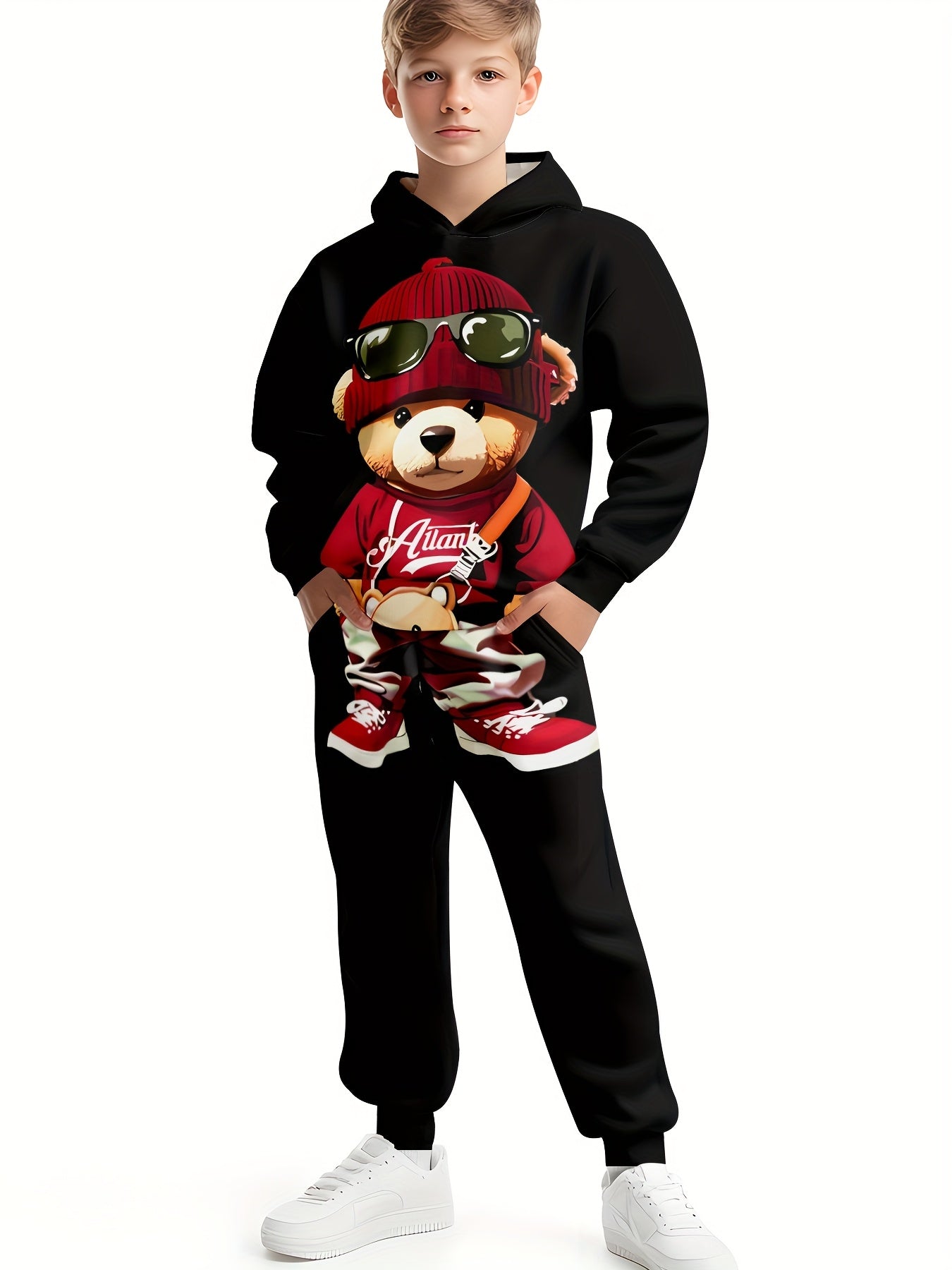 1set Boys' Casual 3D Print Hoodie and Sweatpants Set,