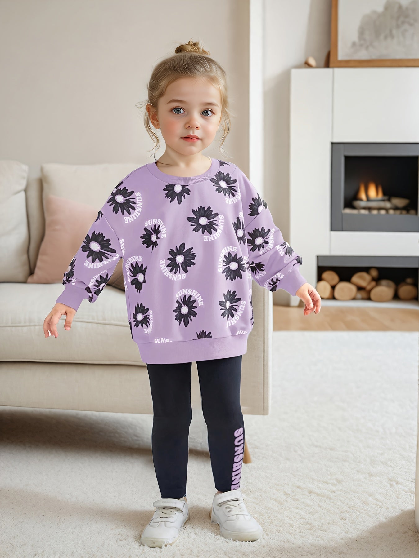 Girls' Floral Print Long Sleeve Hoodie & Leggings Set -