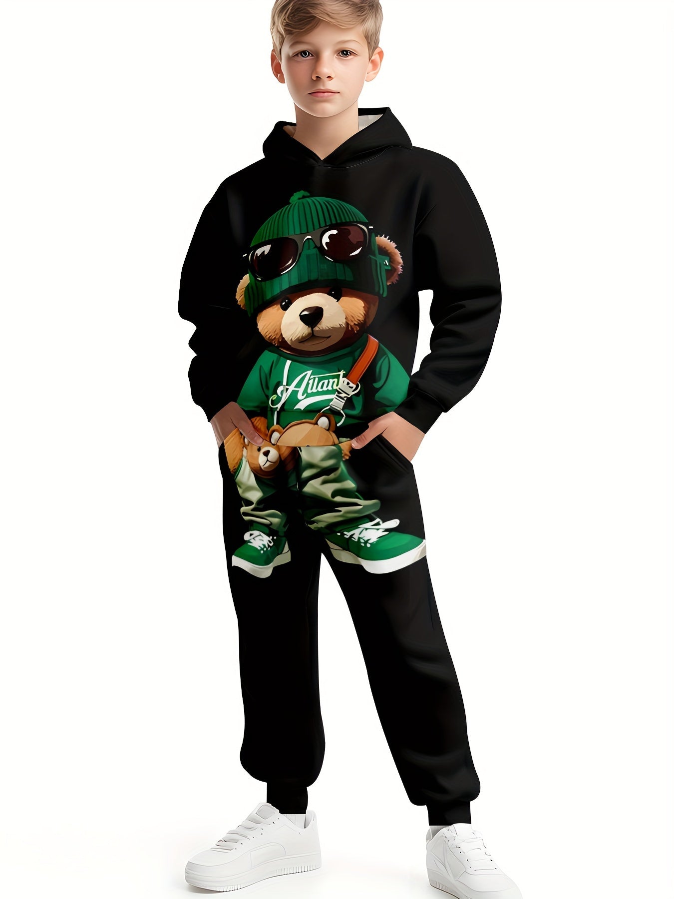 1set Boys' Casual 3D Print Hoodie and Sweatpants Set,