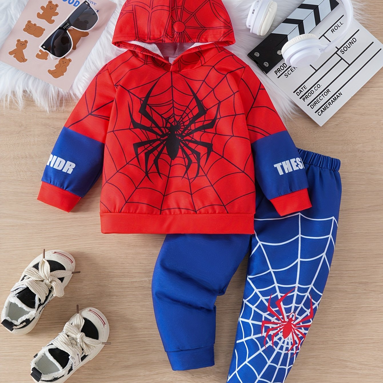 Boy's Spider Print Hooded Long Sleeve Sweatshirt And Pants Set –