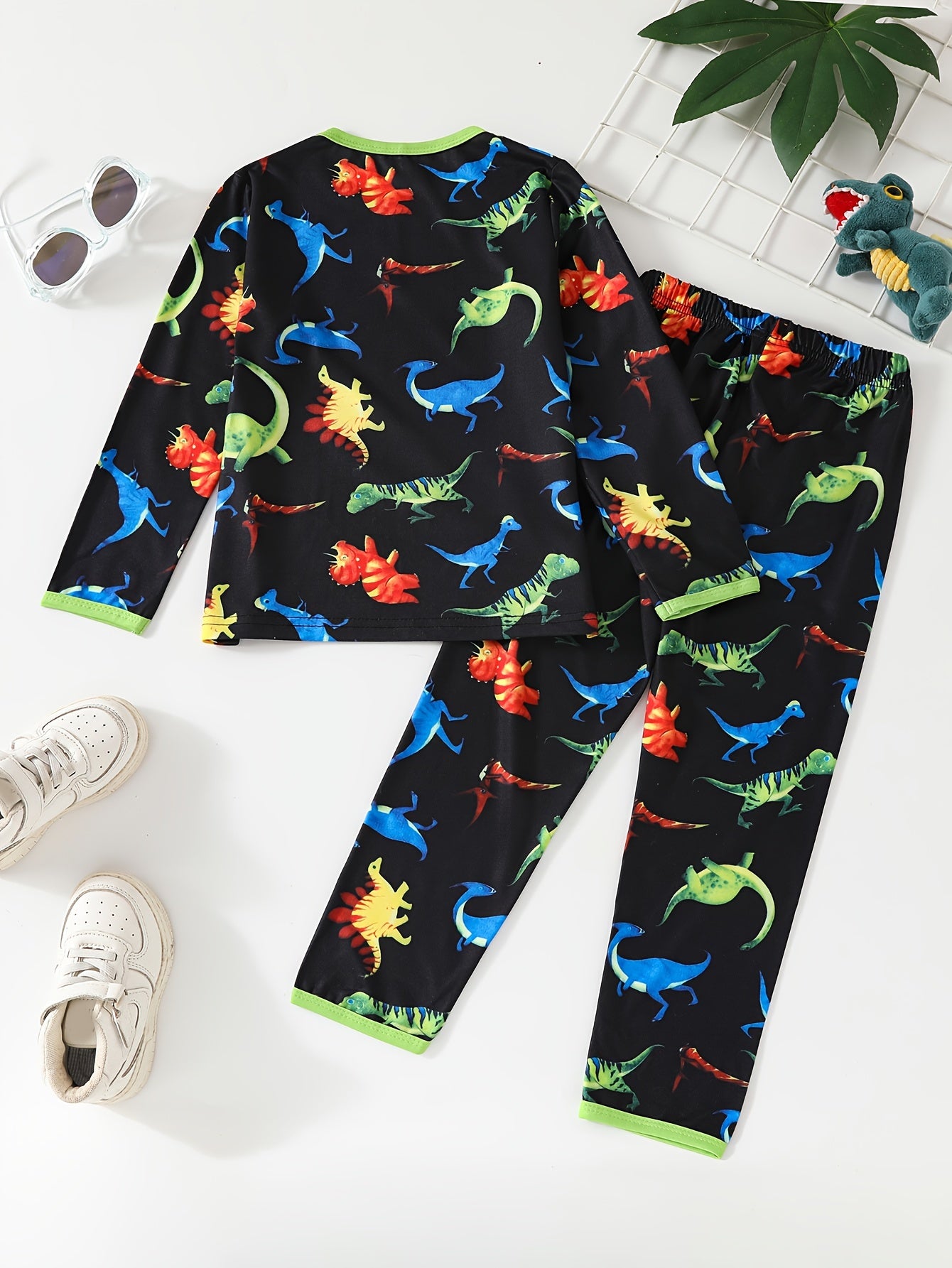 Trendy Colorful Dinosaur Print Round Neck Long Sleeve T-shirts & Trousers