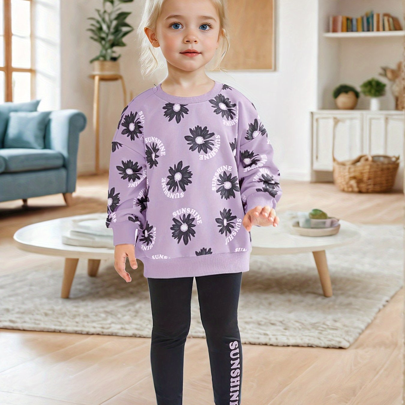 Girls' Floral Print Long Sleeve Hoodie & Leggings Set -