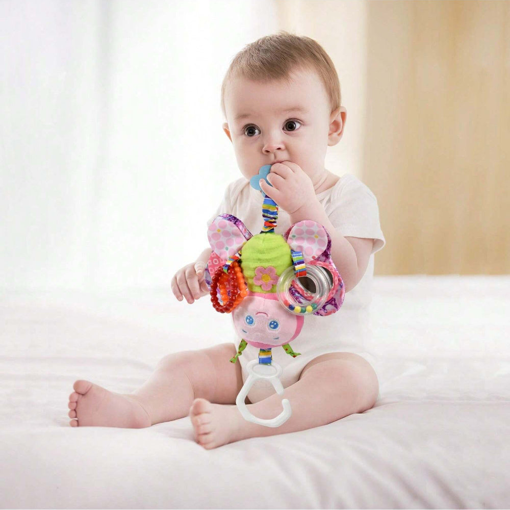 Infant Stroller Hanging Toy with Ringing Bell – Plush Cartoon Butterfly with Teething Rings,