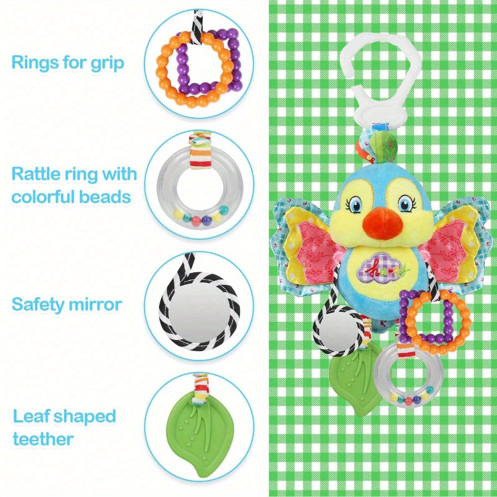 Infant Stroller Hanging Toy with Ringing Bell – Plush Cartoon Butterfly with Teething Rings,