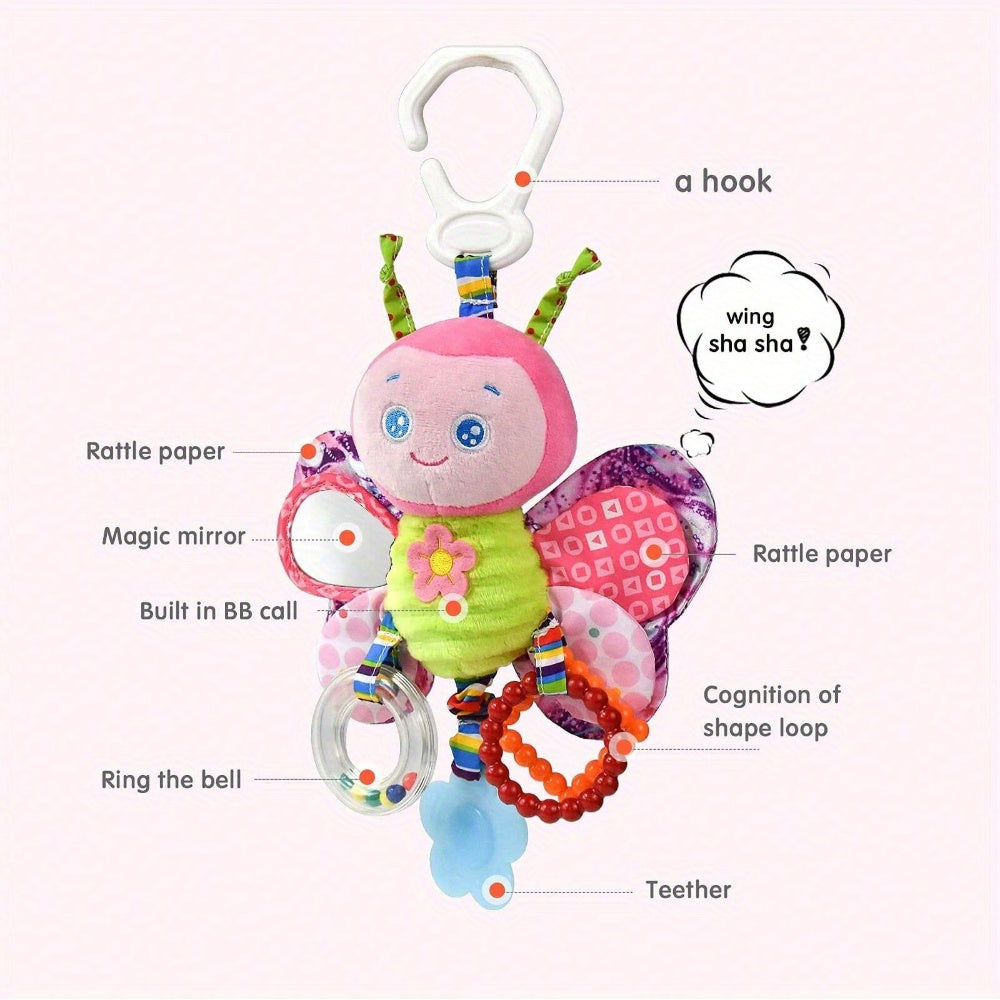 Infant Stroller Hanging Toy with Ringing Bell – Plush Cartoon Butterfly with Teething Rings,