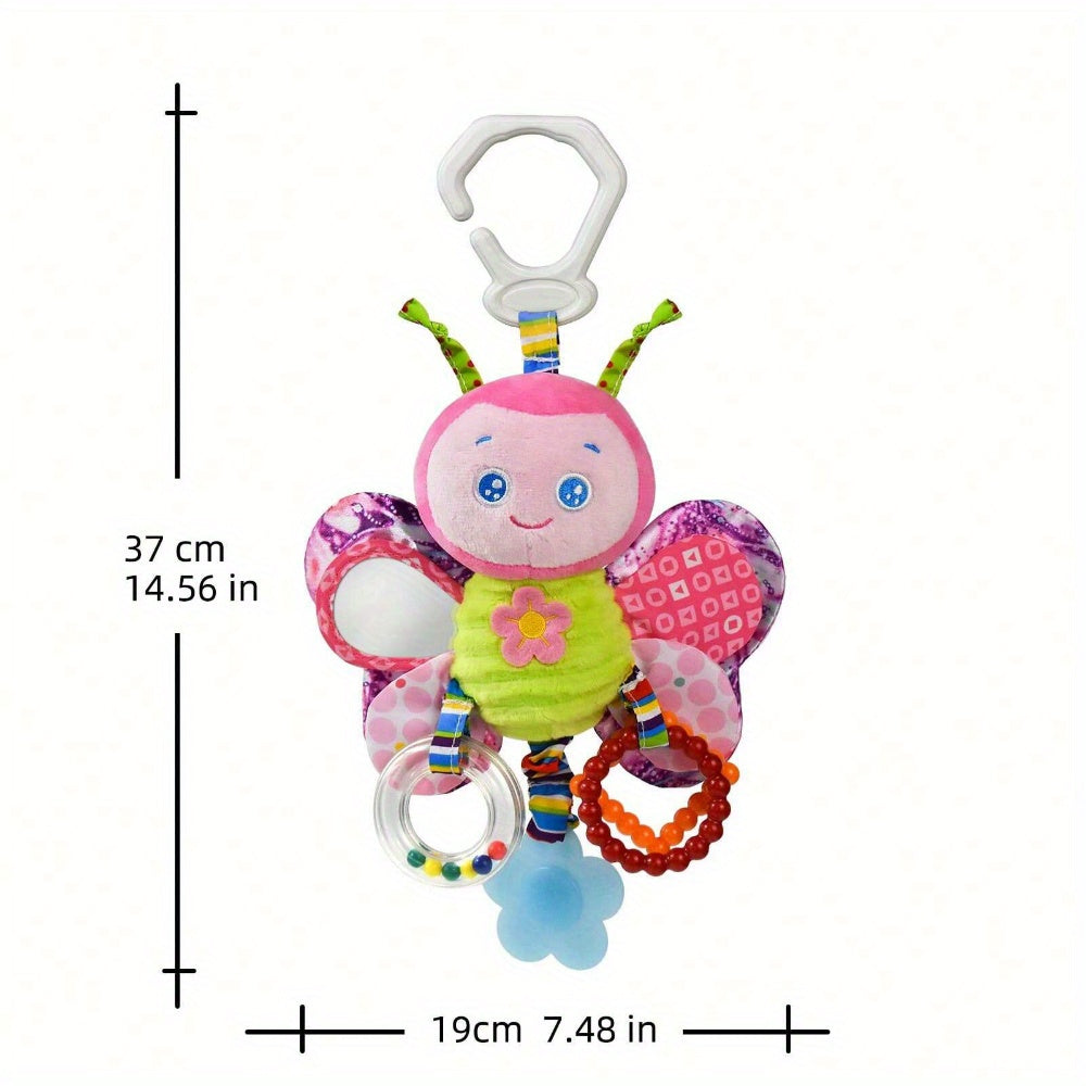 Infant Stroller Hanging Toy with Ringing Bell – Plush Cartoon Butterfly with Teething Rings,