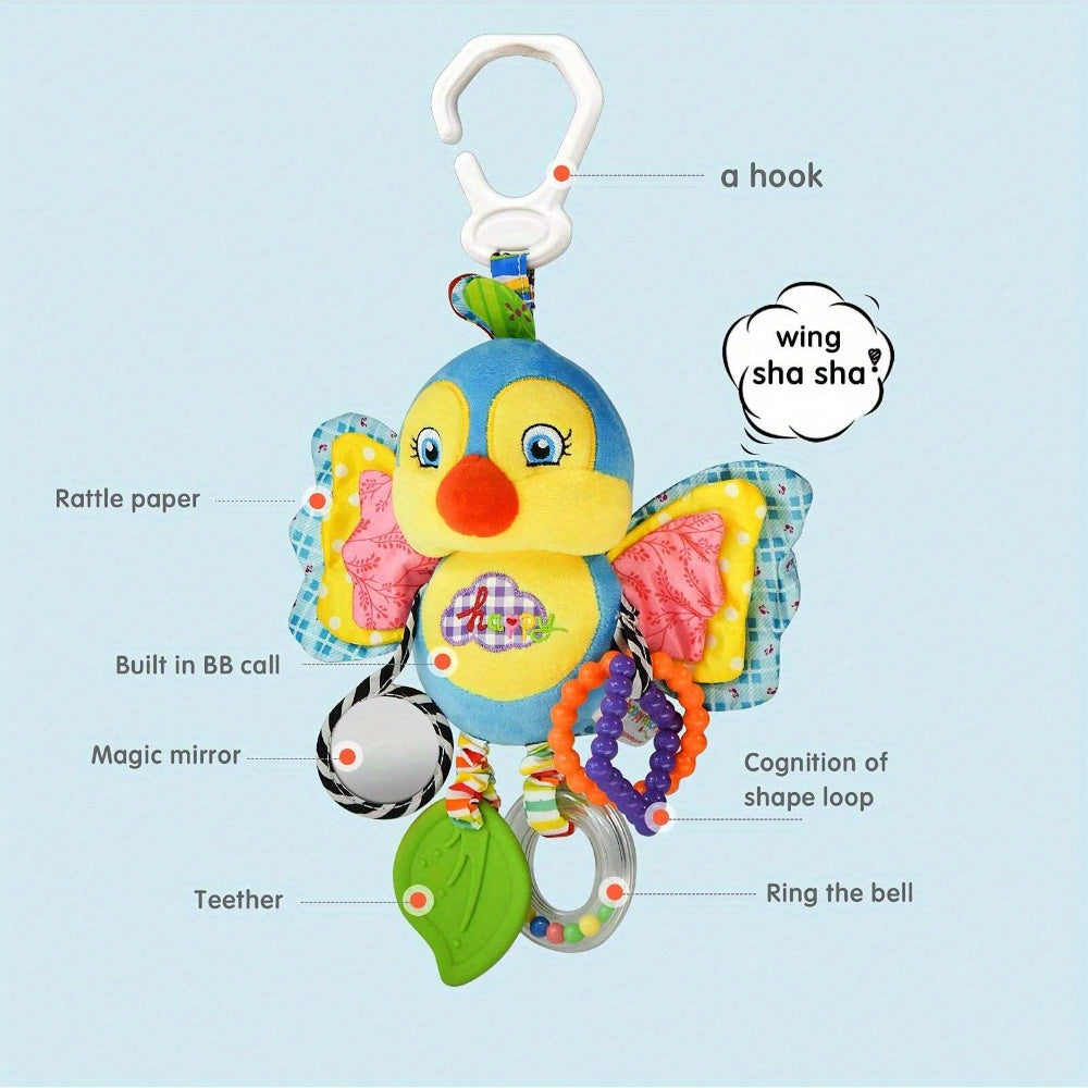 Infant Stroller Hanging Toy with Ringing Bell – Plush Cartoon Butterfly with Teething Rings,