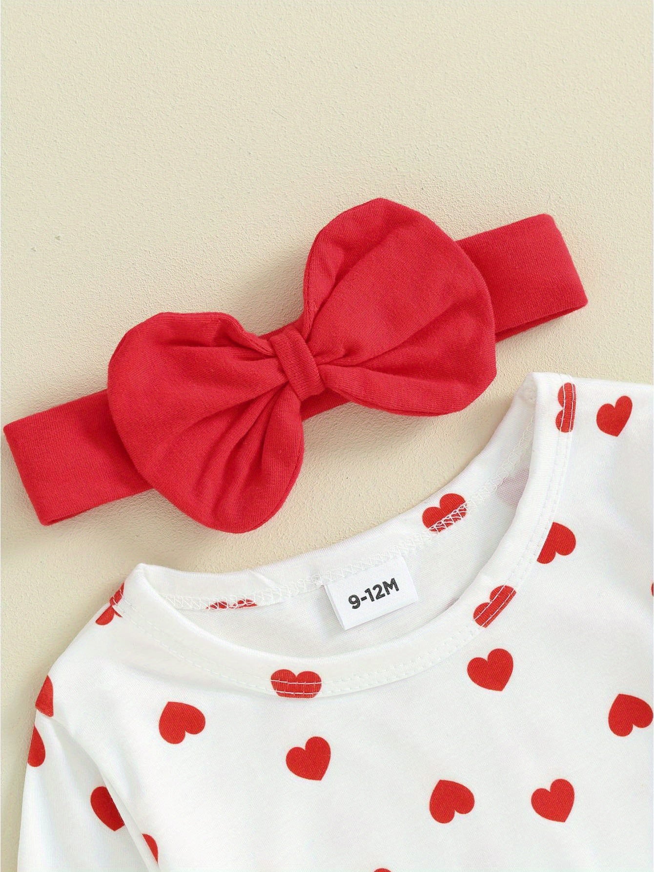 Baby Girl Valentine's Day Clothes Heart Print Long Sleeve Romper with Bear Embroidery Denim Overalls Pants Headband