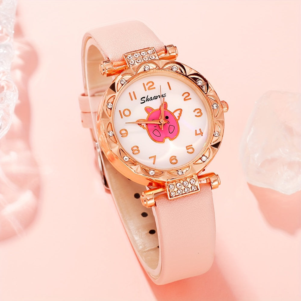 Pink Angel Pig Theme 2pc Watch Set - with Heart Charm