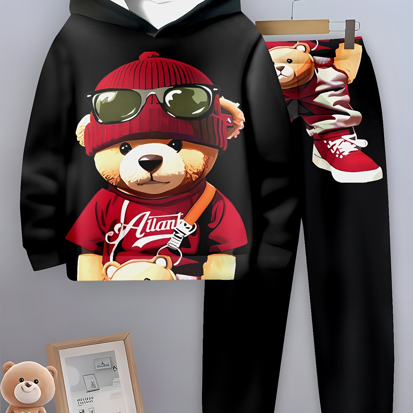 1set Boys' Casual 3D Print Hoodie and Sweatpants Set,