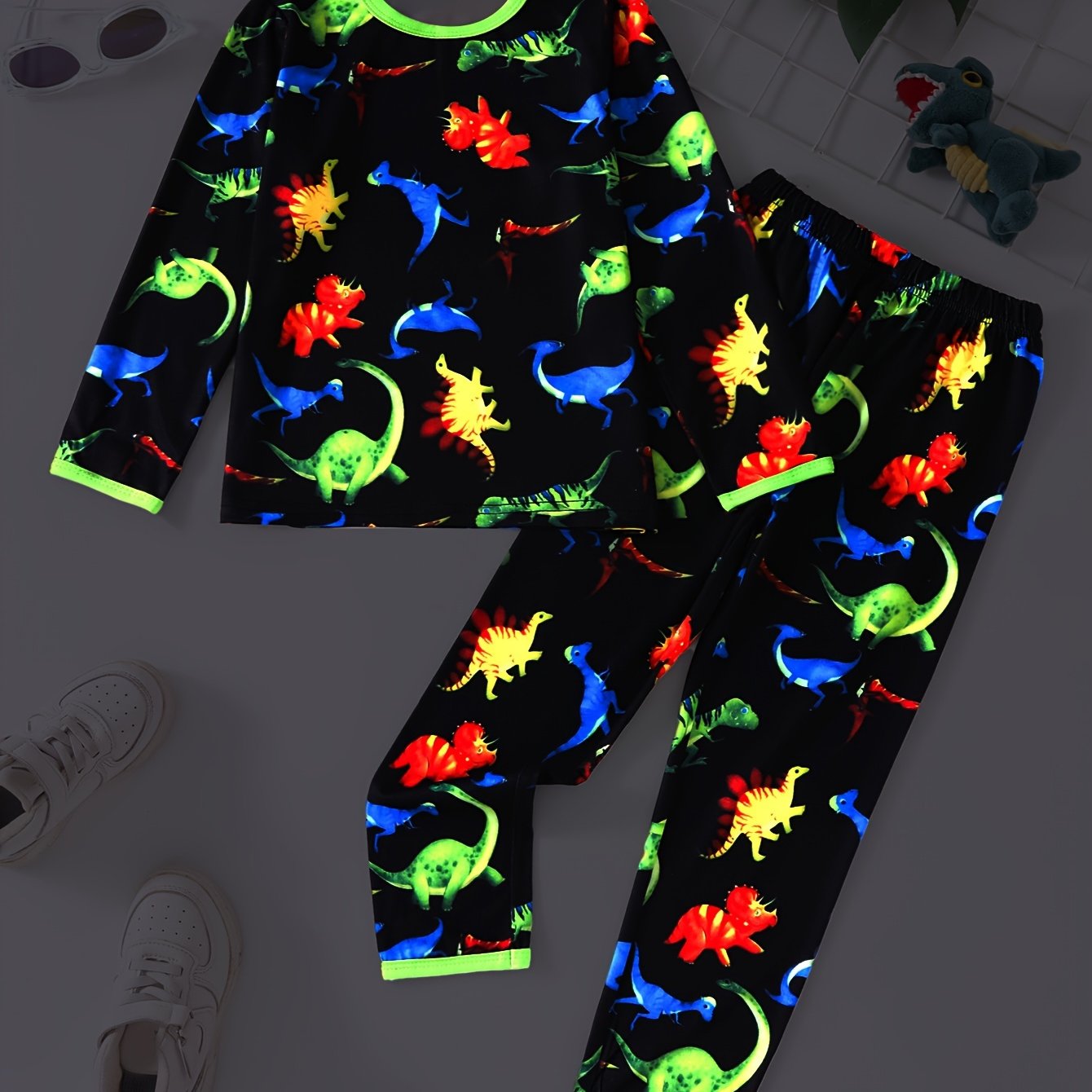 Trendy Colorful Dinosaur Print Round Neck Long Sleeve T-shirts & Trousers