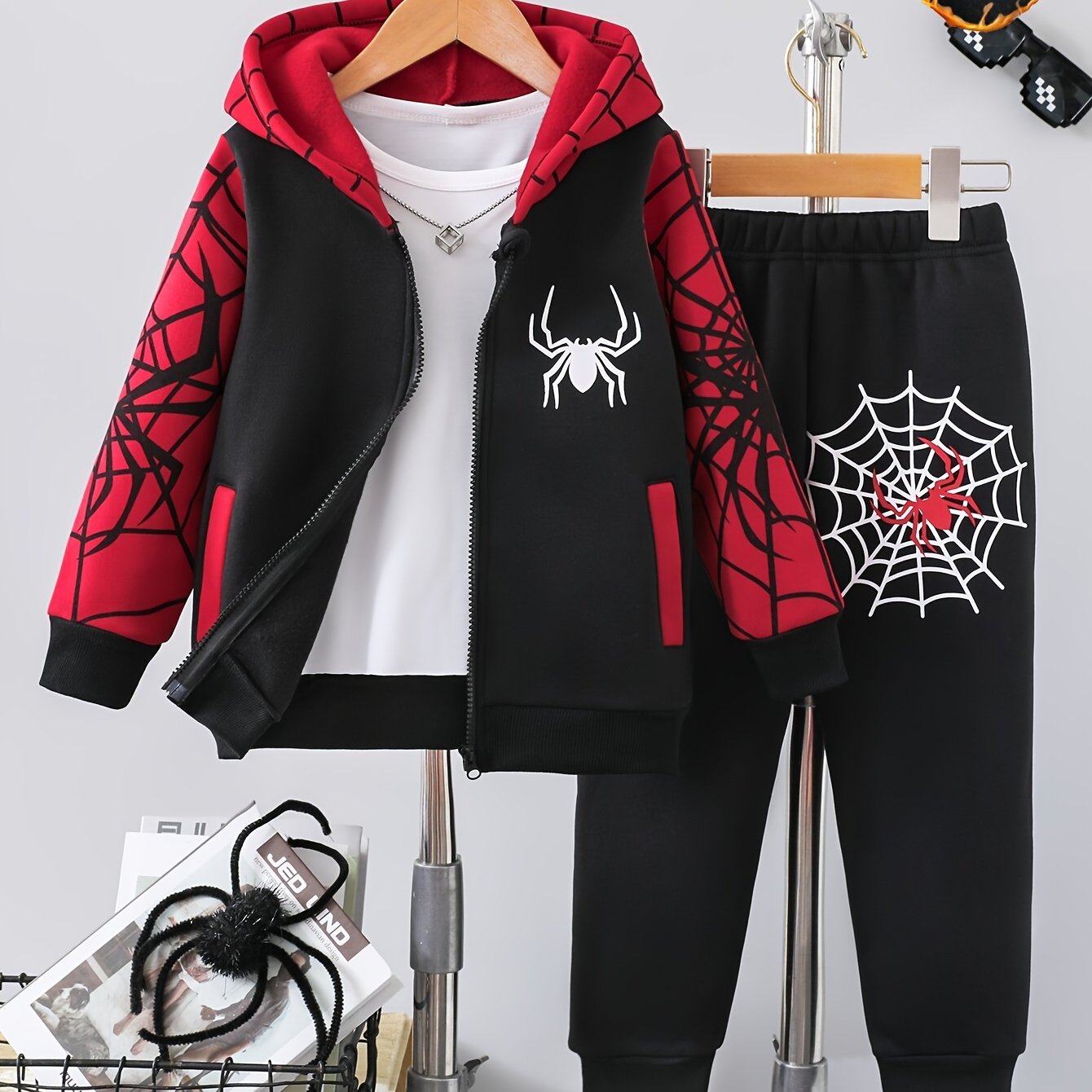 2-Piece Boys' Outfit, Casual Fashion Thickened Fleece with Spider Web Print, Hooded Zip-Up Sweatshirt and Pants Set,