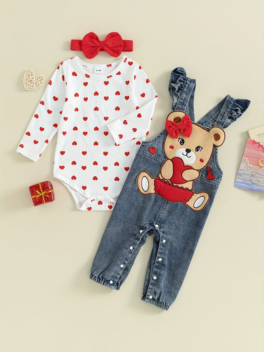 Baby Girl Valentine's Day Clothes Heart Print Long Sleeve Romper with Bear Embroidery Denim Overalls Pants Headband
