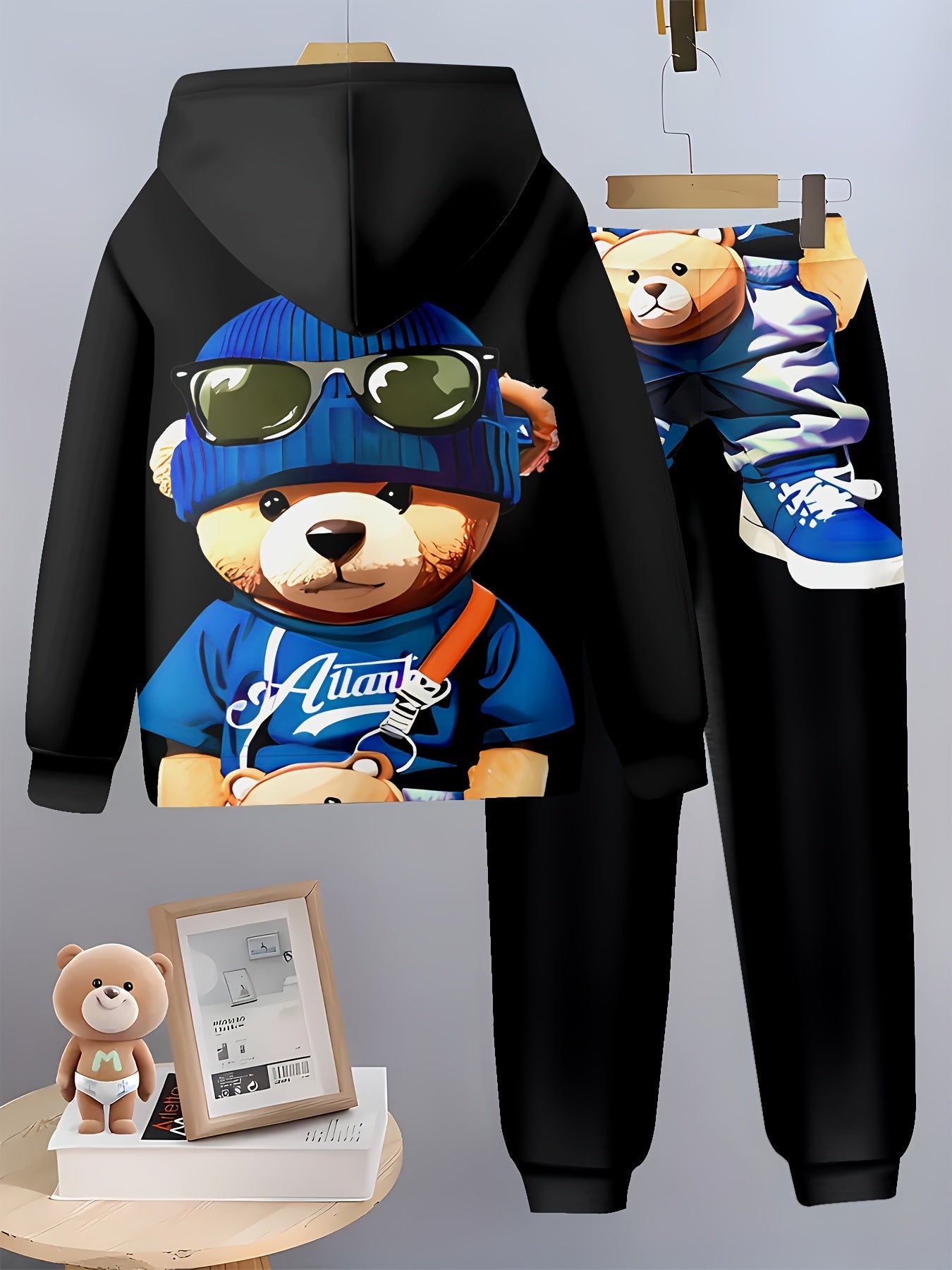 1set Boys' Casual 3D Print Hoodie and Sweatpants Set,